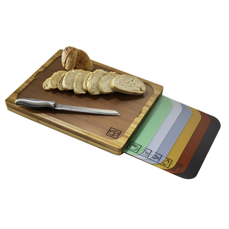 Bamboo Cutting Board with Color-Coded Flexible Mats Set