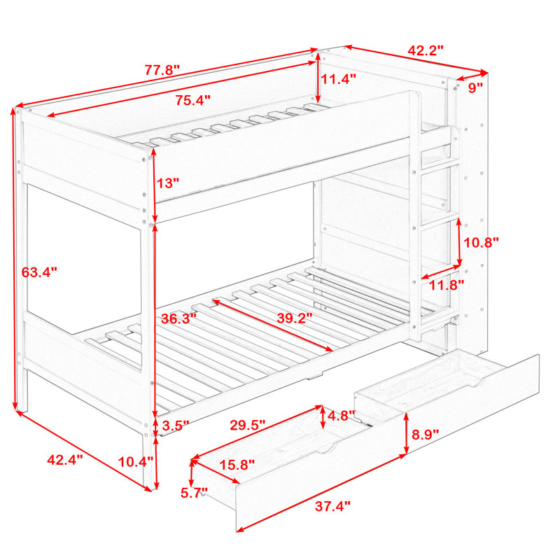 Aleiah Kids Twin Bunk Bed with Drawers, Twin over Twin, White