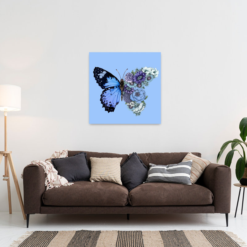 Blue Floral Butterfly Contemporary Butterfly Moth Flower Wall Art Print by EC Mazur - Print, 91.44cm H x 91.44cm W
