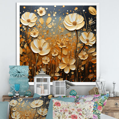 «Wildflowers Golden Petals Pointillism Dot» - Art mural sur toile fleurs sauvages