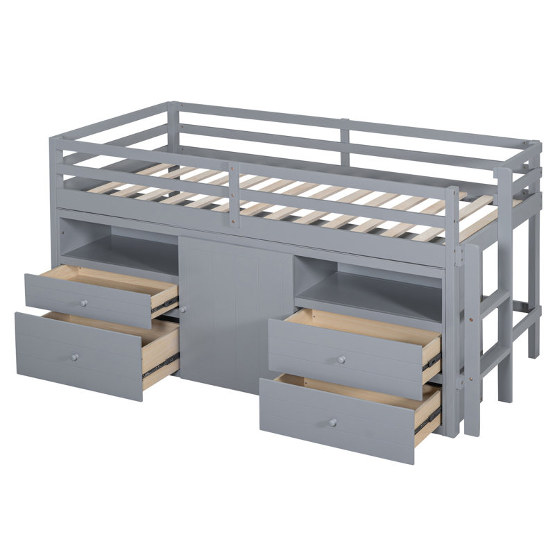 Lit mezzanine simple gris avec 4 tiroirs, sous l'armoire et l'ensemble de tablettes - Stable et espace utilisé dans 4 assemblages, avec tablettes