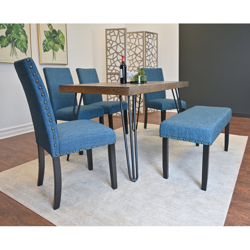 Dining Table Set, Dining Table With Chairs, 6 Pieces: Table, 4 Chairs, Bench, Blue