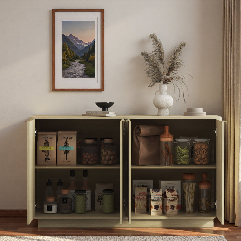 Modern Fluted Sideboard With Adjustable Shelves And Metal Handles, Natural
