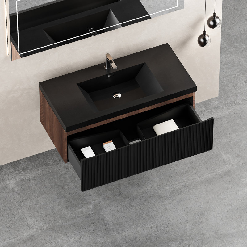 Meuble-lavabo mural de 36 po avec lavabo à quartz noir mat, tiroirs à fermeture en douceur texturée ondulée, finition noyer fumé, installation facile