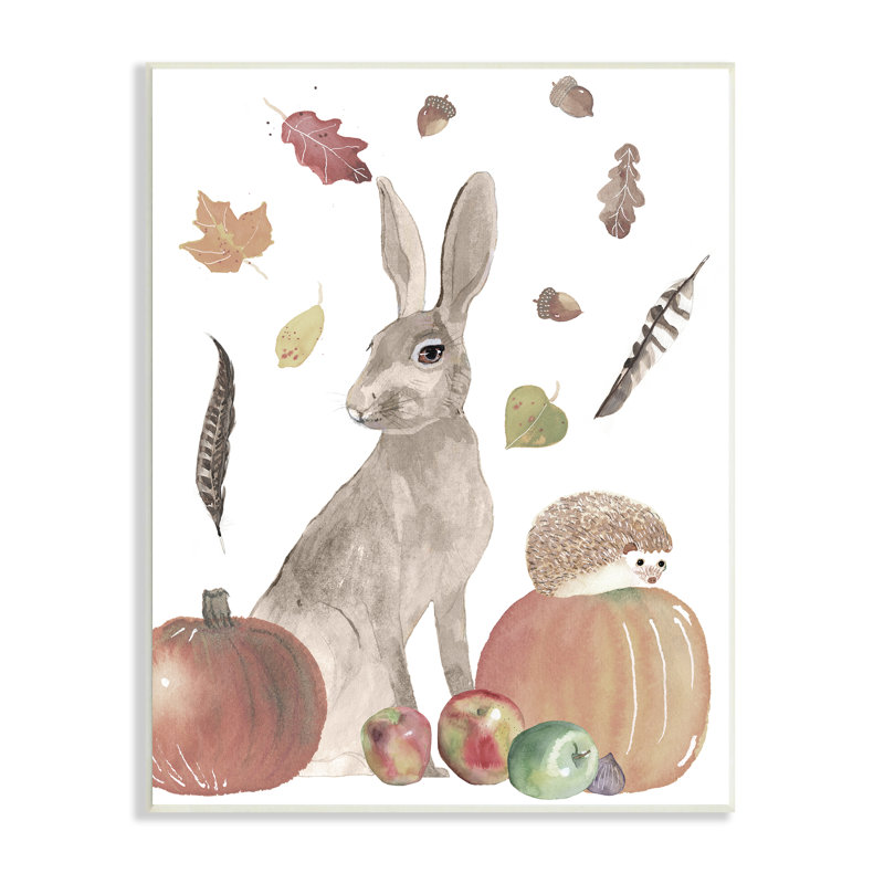 Feuillage d'automne «Rabbit And Hedgehog Pumpkin» par Alicia Longley - Peinture, Toile tendue, H 15 po x l 10 po