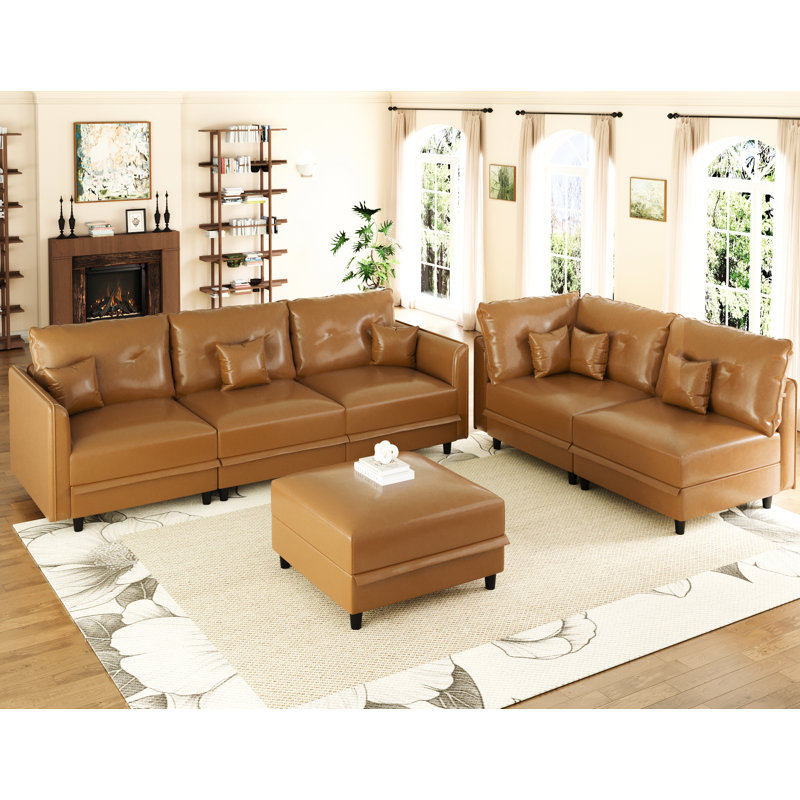 Tomario 6 - Piece Upholstered U-Shaped deep Seat Modular Sectional With Storage, Brown  Faux Leather