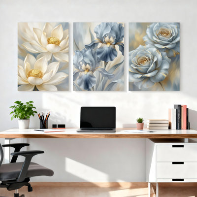 Ensemble de 3 tableaux sur toile tendue, motif nénuphar, iris et rose, pour la décoration du salon et de la chambre.