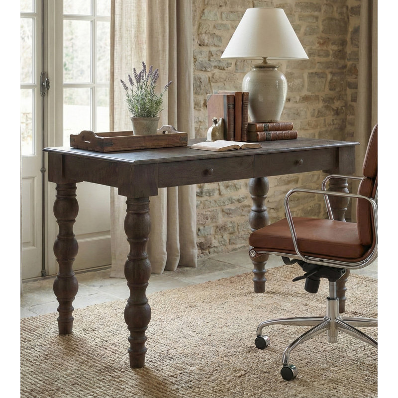 Braydan 2-Drawer Desk with Hand-Turned Legs- Coffee Brown, Brown