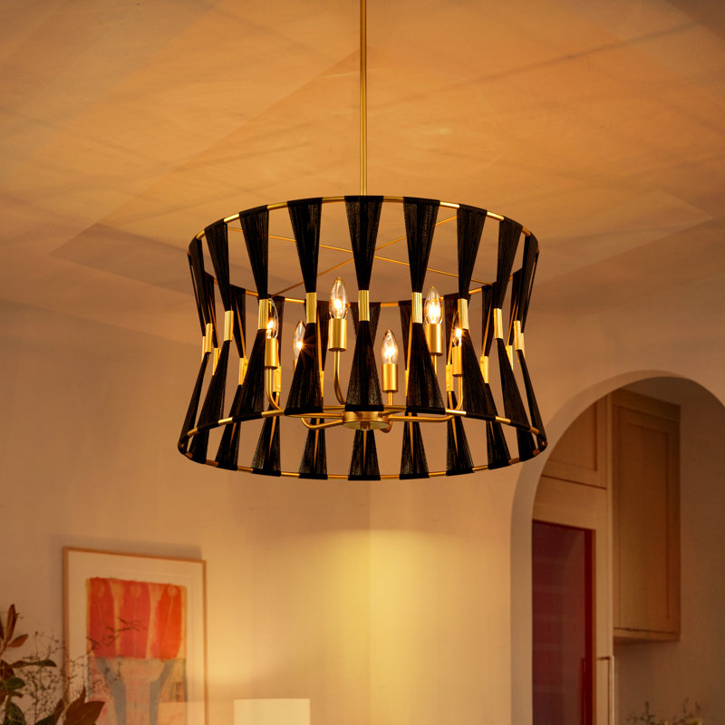 Renessa 6-Light Hand-Wrapped Rope Drum Chandelier, Brass/Black