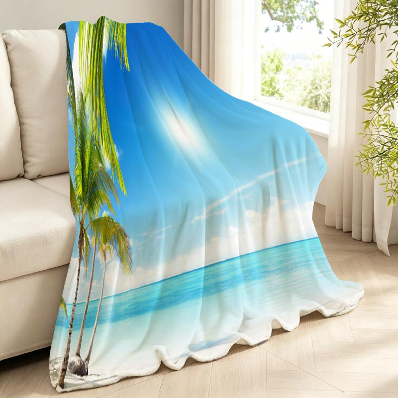 Jeté en flanelle bleue ultra douce, imprimé face simple mer des Caraïbes et noix de coco, Throw 40" x 50"