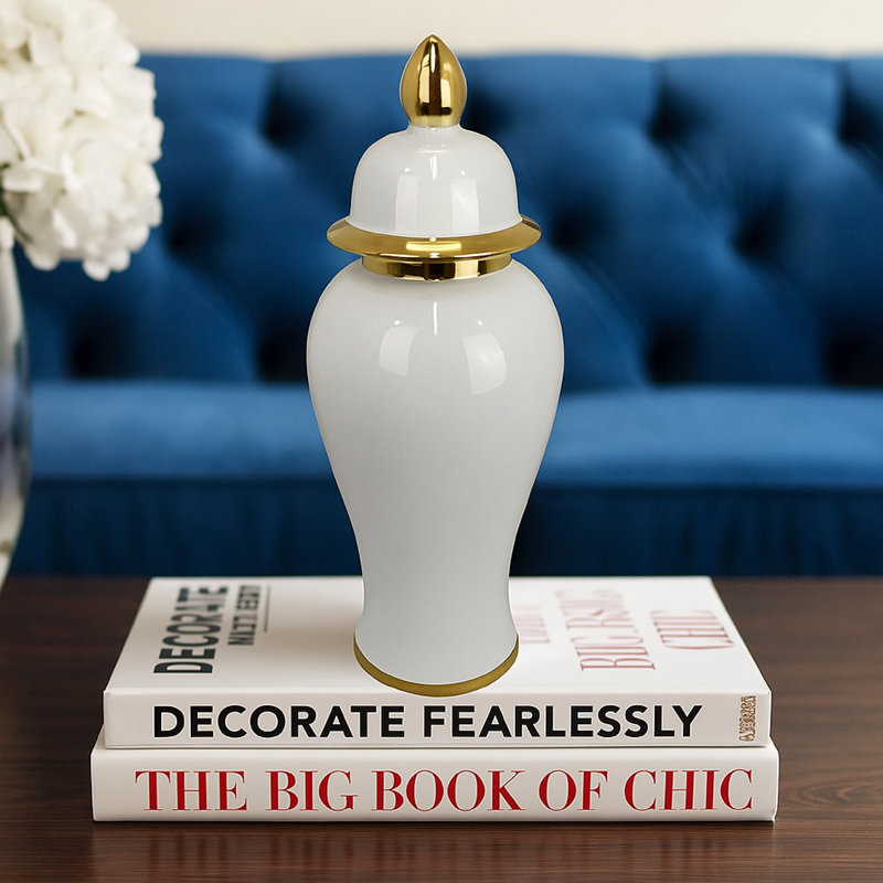 Risy Covered Jar, Gold Finial, White Curved Ceramic Base, 17" H x 7" W x 7" D