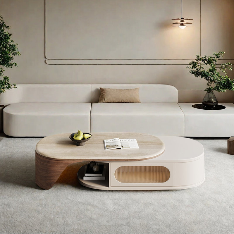 Table basse escamotable en bois massif de style crème