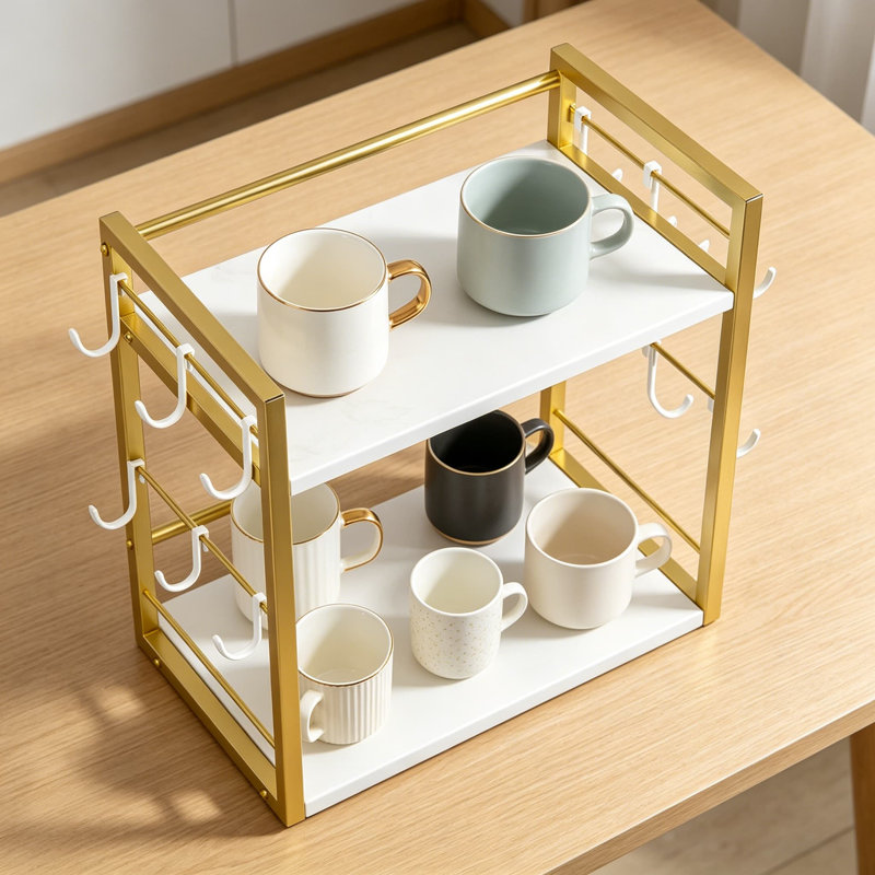 Accessoires et organisateur de bar à café à 2 niveaux, porte-gobelet multifonctionnel avec 12 crochets réglables, tablette de table basse en bois pour comptoir de cuisine