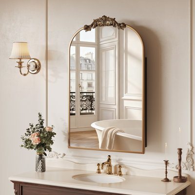 24"x35" Vintage Arched Medicine Cabinet with Mirror, Wall Mounted Bathroom Storage with Recessed/Surface Mount Options, Baroque Retro Design, Gold Metal Frame