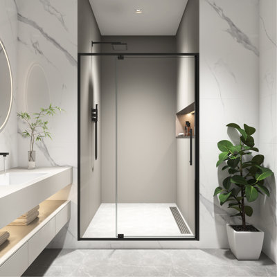 Porte de douche à pivot 38 x 42 po x H 74 po noir mat, verre trempé 5/16 po, ouverture à l'extérieur, arrêt à 105 degrés, installation sans effort, plage de réglage de 4 pouces, quincaillerie en acier inoxydable 304, preuve d'étanchéité, magnétique