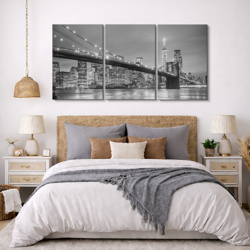 «Architecture Bridge», pont de Manhattan à New York, art moderne, photographie contemporaine en noir et blanc, impression sur toile encadrée, 3 pièces, art mural 16 po x 24 po x 3, 24 po x 36 po x 3