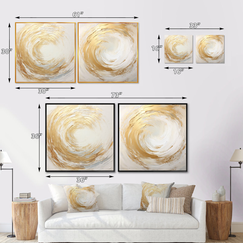 Gold And White Soft Wave Vortex - Abstract Spirals Square Collage Set Of 2, 16" H x 33" W, Black Floater Framed