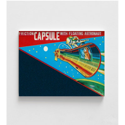 Friction capsule avec astronaute flottant par Retrorocket, décor de salle de jeu rétro amusant, affiche amusante, lune rétro