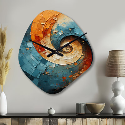 Orange Teal Abstract Spirals I - Nebula Shape Decorative Orange Abstract Spirals Wall Clock