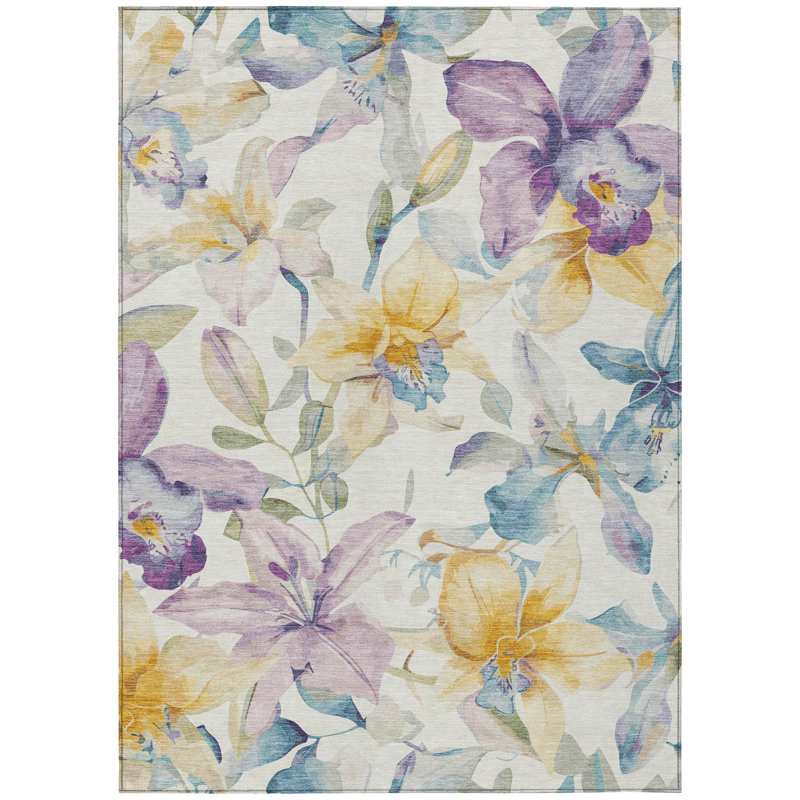 Machine Washable Indoor/Outdoor Millner ACN2262 Floral Rug, Rectangle 9' x 12'