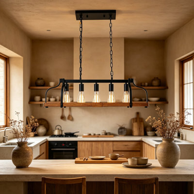 5-Light Kitchen Island Lighting, UL Listed, Height Adjustable Hand-Painted Wood Color Metal Hanging Farmhouse Pendant Light, Rustic Linear Chandelier for Dining Table Overhead