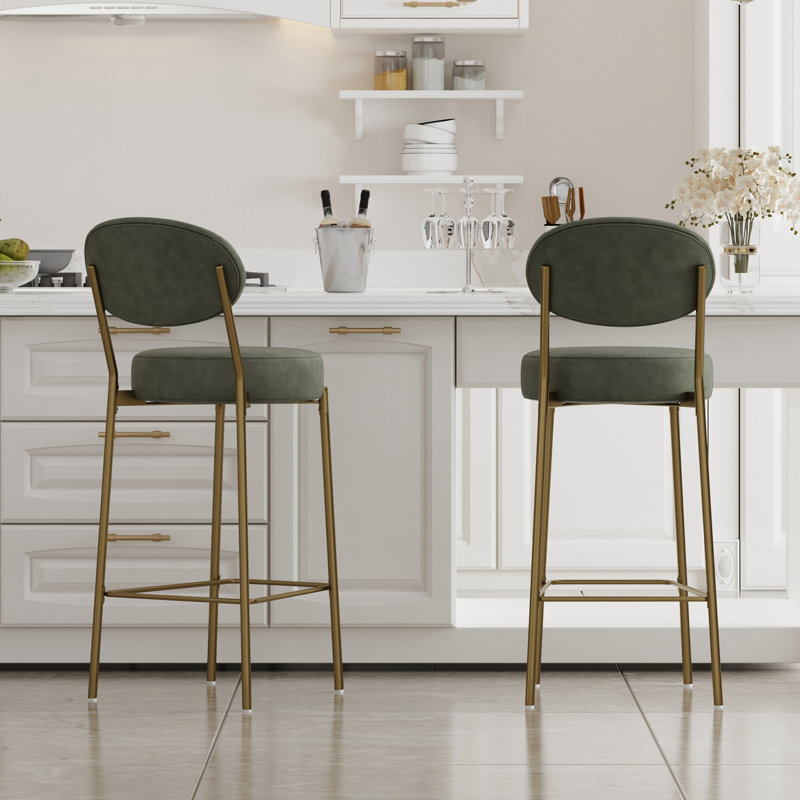 29.13 Inches Seat Height Modern Bar Stools Of 2, Faux Leather, Golden Frame, Footrest, - Slip Pads For Stability 2 With 29'' Height, Leather Seats And Legs, Comfortable Oval , Integrated Footrest