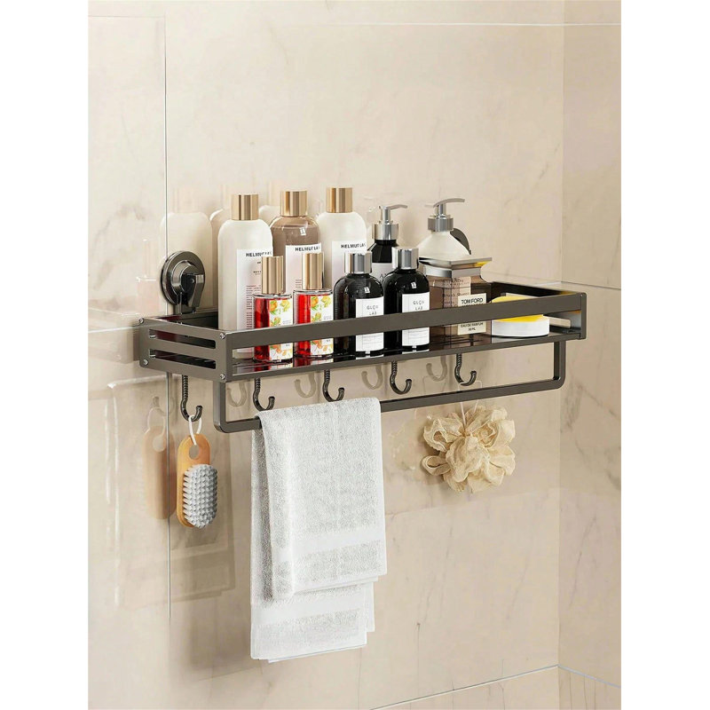 1 ensemble de support de douche à ventouse, tablette de douche d'aspiration 11,8 ch avec crochets, support de salle de bain sans perçage, accessoire de rangement de salle de bain antirouille