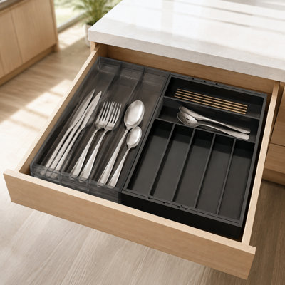 Bamboo Expandable Silverware Drawer Organizer with Labels, Kitchen Utensil Tray Holder for Flatware, Cutlery, Spoons and Knives