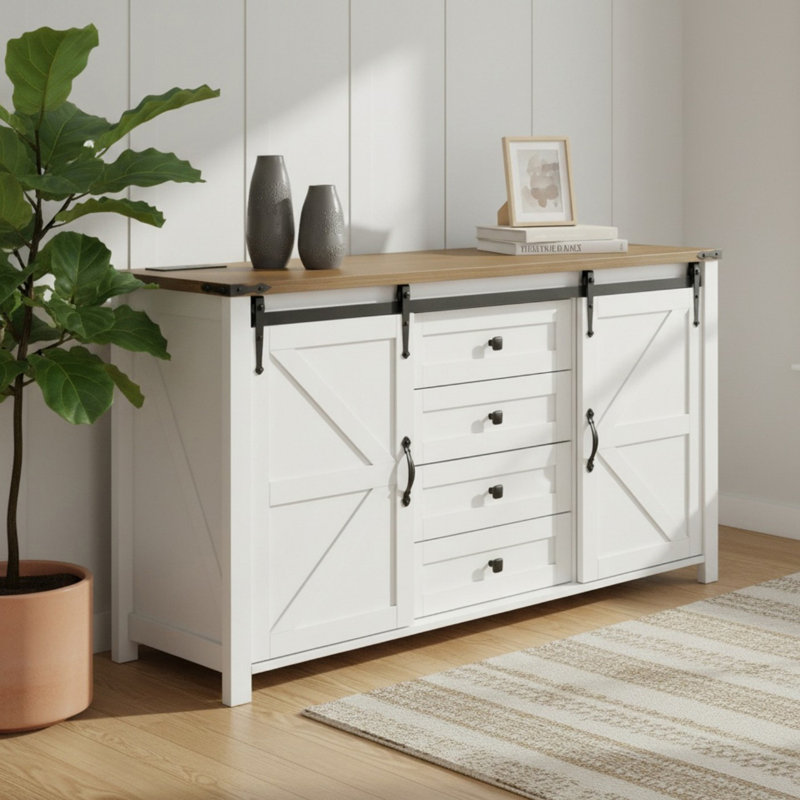 55.11" Sideboard with Storage, Farmhouse Storage Cabinet with Sliding Barn Doors, Wood Buffet Table with Power Outlet for Living Room