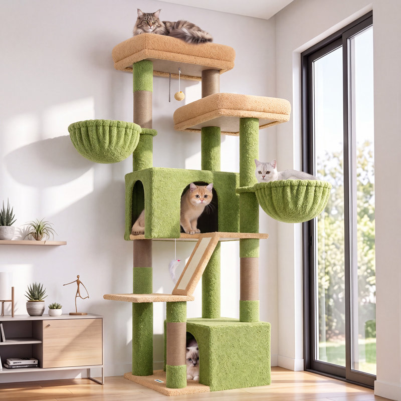 Arbre à chat 69 po pour 2-3 grands chats, tour à chat multi-niveaux avec condos, hamac et planche à gratter intégrée pour une escalade sans couture, vert