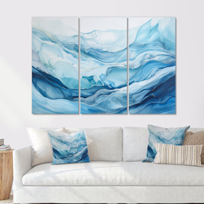 White And Blue Glacier Charm Liquid Art IV - Abstract Shapes Wall Art Living Room Set