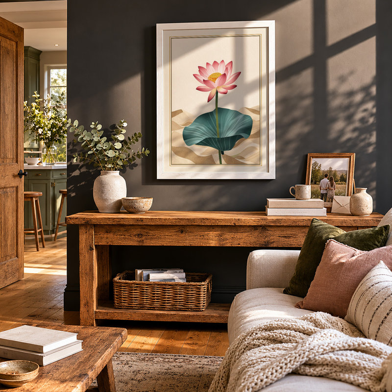 Lotus in Bloom Botanical - Framed Print, A1 - 84.1 x 59.4 cm, White