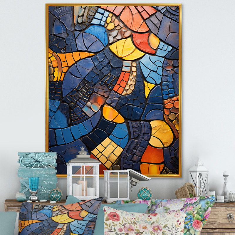 Carreaux de mosaïque bleue 3 - décoration murale mosaïque bohème, Cadre flottant doré, H 32 po x l 24 po x P 1 po