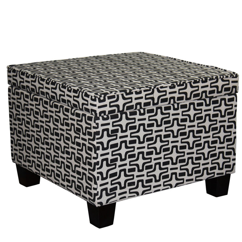 Rangement géométrique de 18 po de hauteur à motif d'étoiles géométriques, base en bois, assise à coussin de 3 po de hauteur, détail du design du rabat, matériau, longueur de 25,55 po