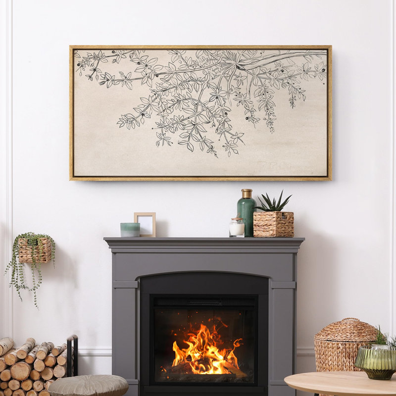 «Botanical S croquis», délicate ligne de fleurs et feuilles encadrée sur toile, H 30 po x l 60 po, Naturel
