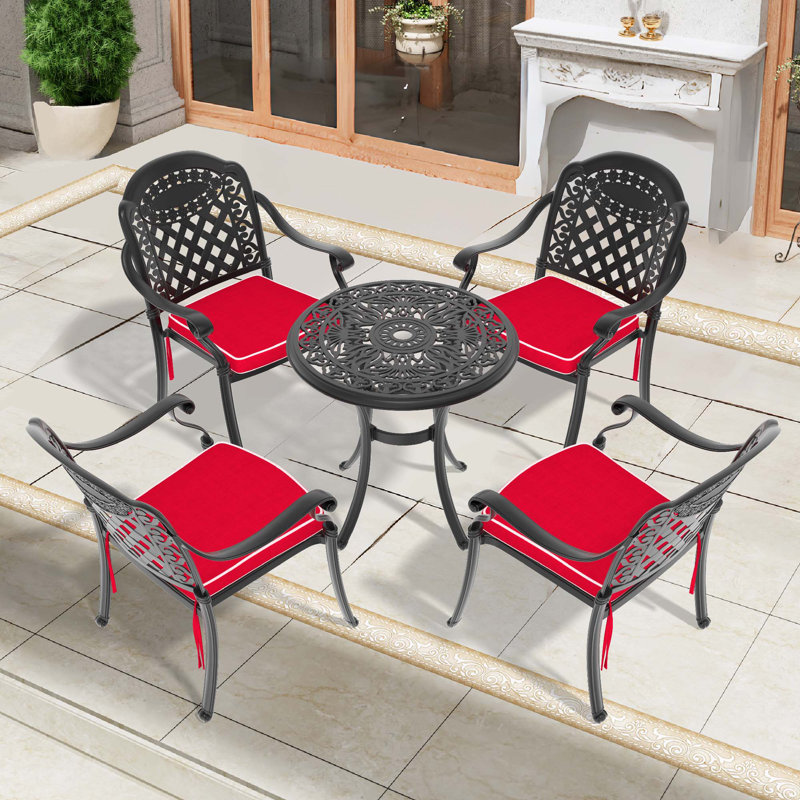 5-Piece Set Of Cast Aluminum Patio Furniture With Black Frame And Red Seat Cushions(Same Sku:W1710S00417)