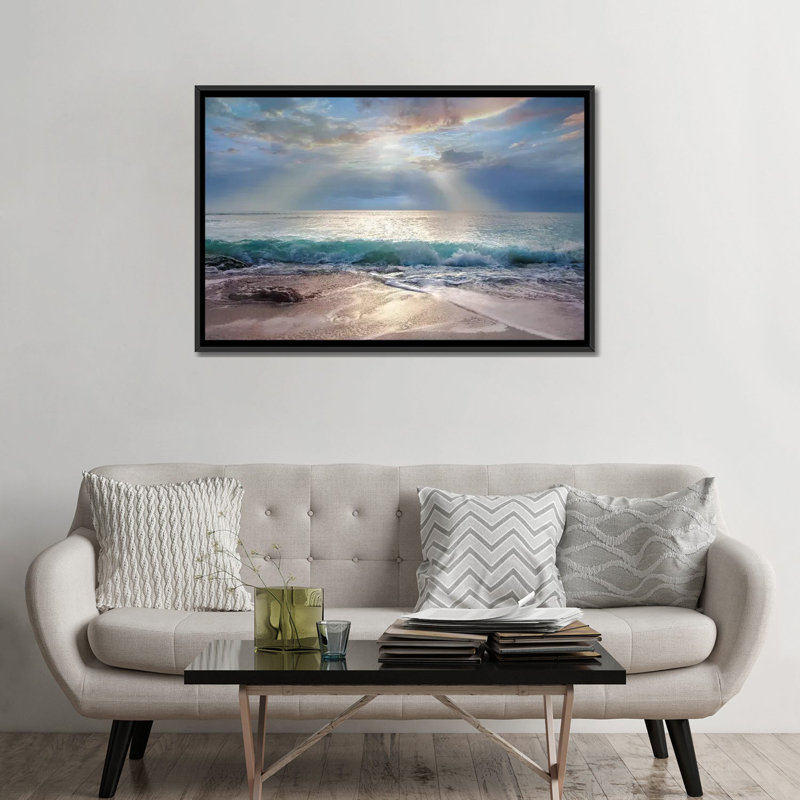 «Aqua Blue Morning» par Mike Calascibetta, reproduction de photo, H 32 po x l 48 po x P 1,5 po, Cadre noir