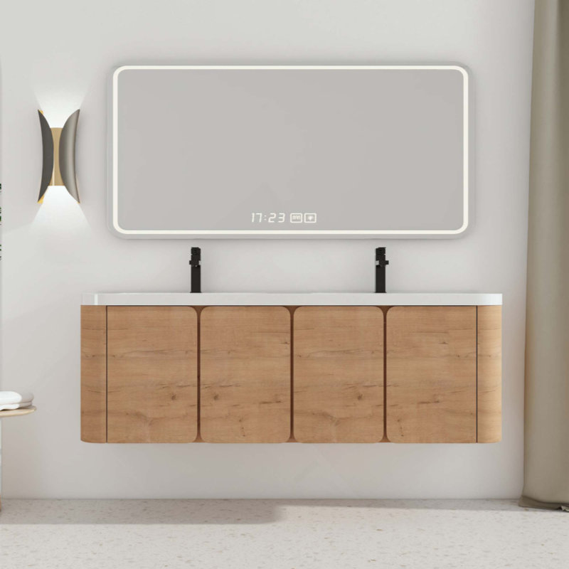 Meuble-lavabo mural avec lavabo en résine et 4 portes à fermeture en douceur, contreplaqué, 60"