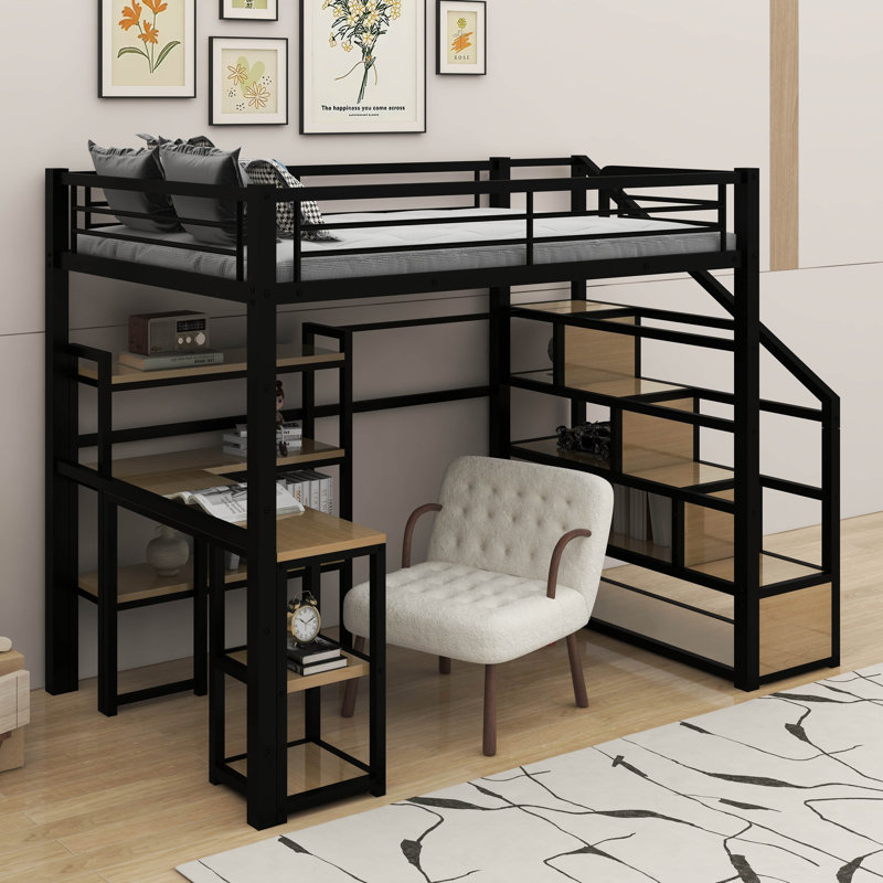 Lit mezzanine double en métal avec escalier, bureau et tablettes