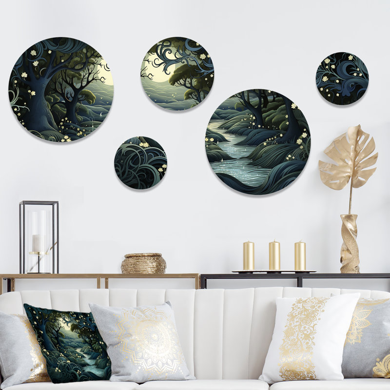 «Jungle River Collage At Night 2», ensemble d'art mural rond 5 pièces Jungle