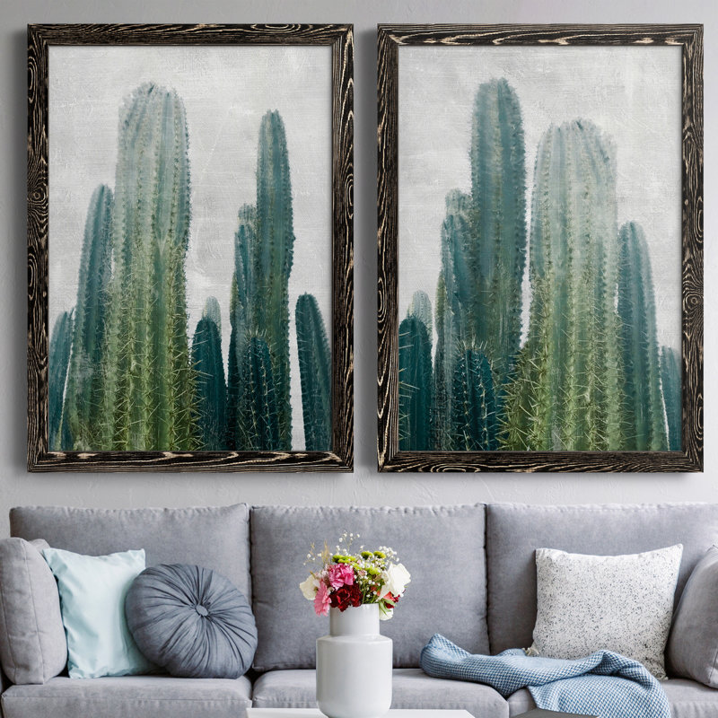 Aruba Cacti I - 2 pièces, peinture sur toile encadrée, Cadre noir, H 20 po x l 34 po x P 1,5 po