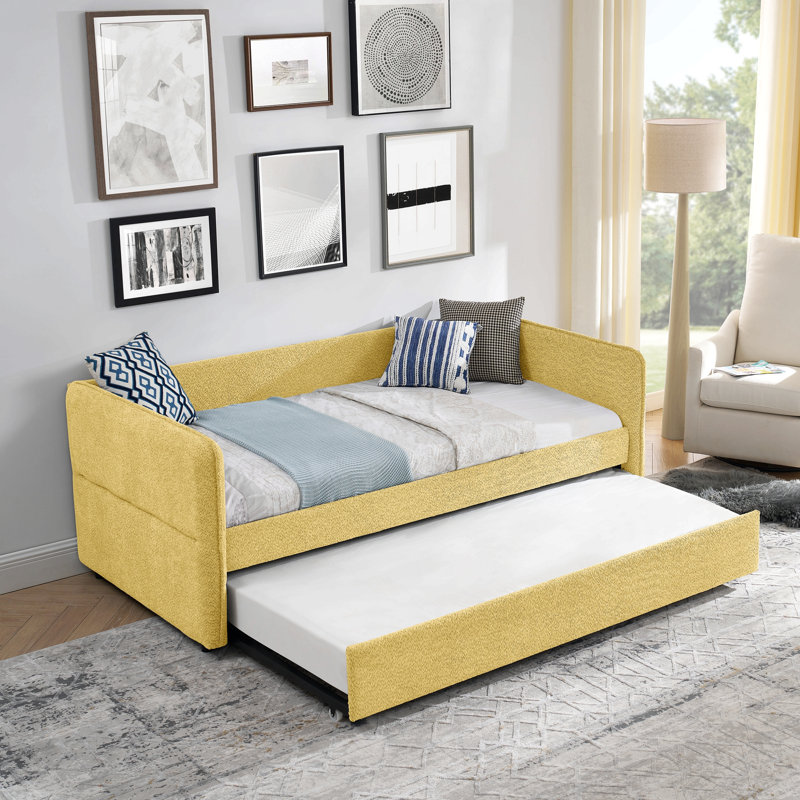 Daybed With Twin Size Pop-Up Trundle Upholstered Tufted Sofa Bed, Twin Size, Boucle Fabric, Yellow