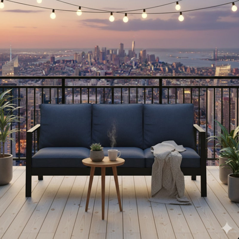 75" All-Weather Aluminum 3-Seat Patio Sofa With Thick Blue Cushions & Black Frame, Blue