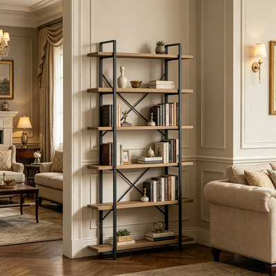 Bibliothèque à 6 niveaux, présentoir industriel en bois et bibliothèque avec cadre en métal pour bureau à domicile
