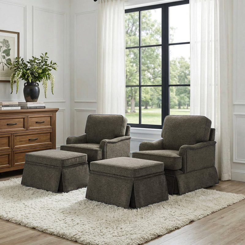 Upholstered Skirted Swivel Accent Chair with Storage Ottoman (Set of 2), 2, Yes, Tan Chenille