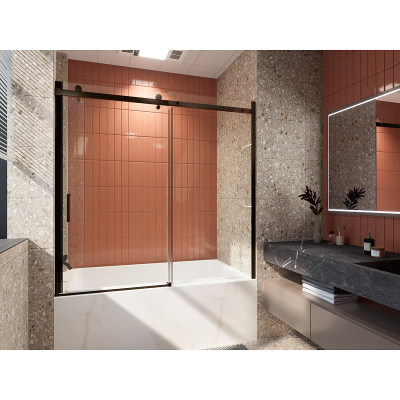 58" Matte Black Frameless Sliding Bathtub Door with Clear Glass
