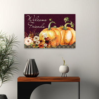 Welcome Friends Fall Floral and Pumpkins Rustic Abstract Contemporary Autumn Art