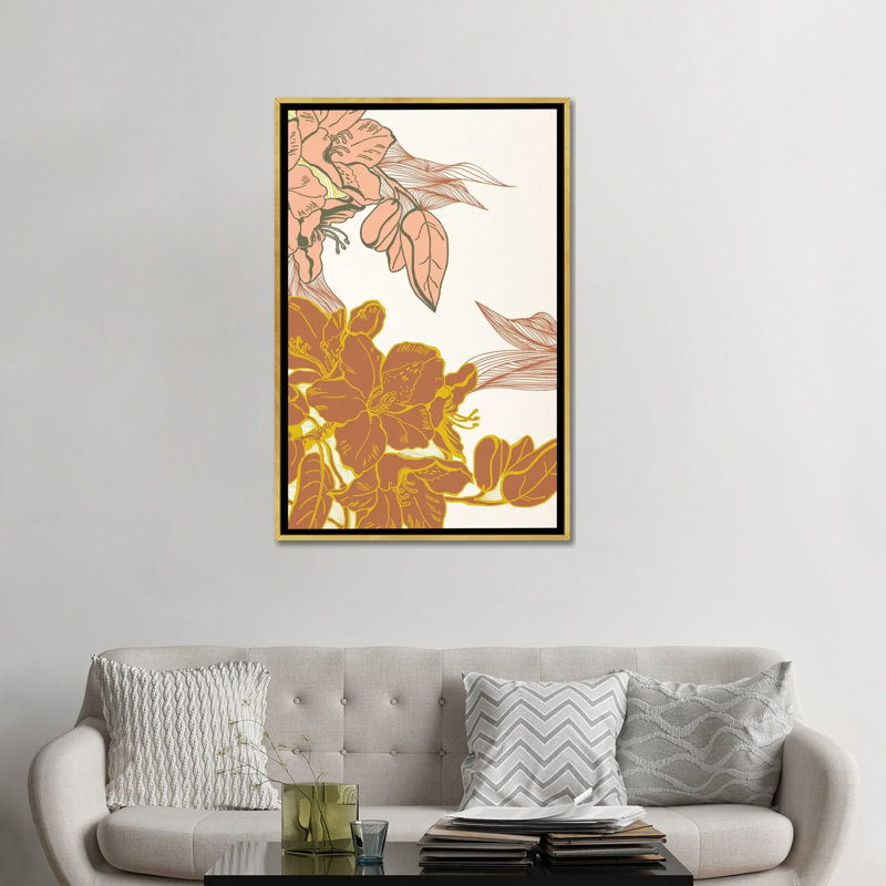 Fleurs et feuilles (orange) - impression d'art graphique, Toile encadrée dorée, Non mat, H 48 po x l 32 po x P 1,5 po