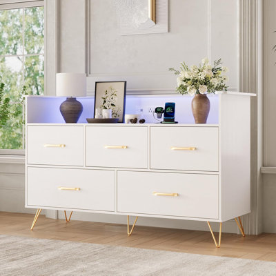 47" Dresser with LED Lights & Charging Station, 5-Drawer Wood Storage Cabinet for Bedroom