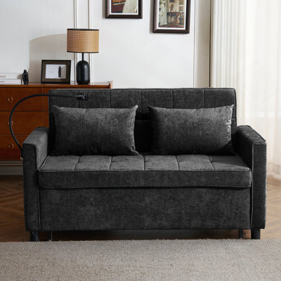 56.9" Loveseat Sofa Pull-Out Sofa Bed Sleeper Sofa With A Reversible Backrest Cushion, Side Pockets, Two USB Ports And A Phone Holder For Living Room, Black